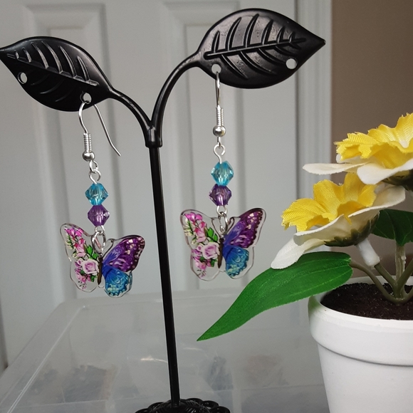 Handmade Butterfly Earrings Resin Purple Teal - Picture 3 of 5